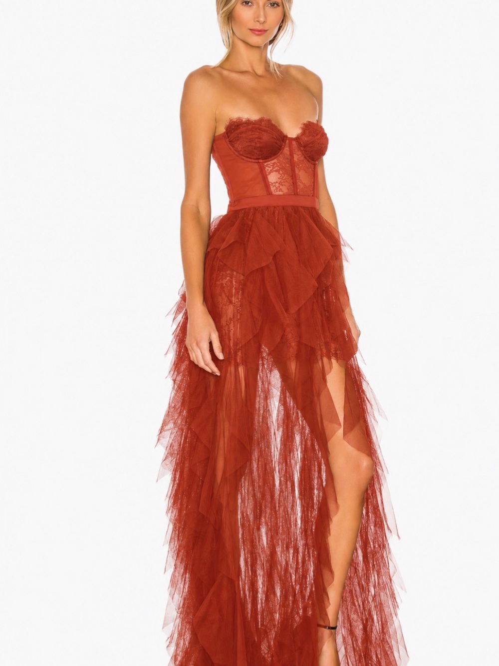 NWT For Love & Lemons x REVOLVE Bustier Gown XS Rust Tulle Lace Corset Maxi HOCO